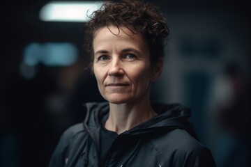 Wall Mural - Portrait of a middle-aged woman with curly hair in the gym.