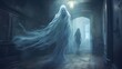 A horror scene of a ghostly figure haunting an abandoned mansion. Fantasy concept , Illustration painting. Generative AI