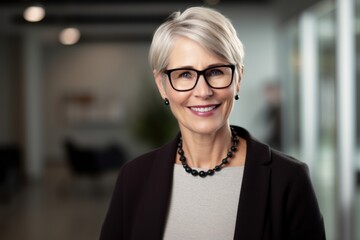 Wall Mural - Pet portrait photography of a pleased woman in her 50s wearing a chic cardigan against an office or corporate background. Generative AI