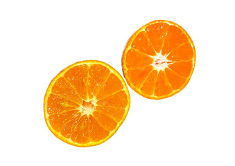 Wall Mural - Two half piece slice of fresh orange isolated on transparent background with clipping path. Freshness fruit. Tropical, Summer and healthy food. png with transparency