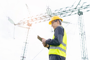 Poster - Engineer with digital tablet on a background of power line tower.