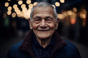 Canvas Print - Portrait of an old man with a smile in the city at night