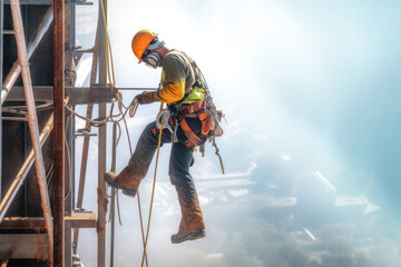 construction worker climber on a site wearing construction safety equipment working at height, gener