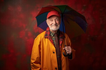 Wall Mural - Environmental portrait photography of a satisfied man in his 80s wearing a vibrant raincoat against an old-fashioned wallpaper background. Generative AI