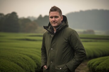 Wall Mural - Environmental portrait photography of a pleased man in his 30s wearing a warm parka against a tea plantation or farm background. Generative AI