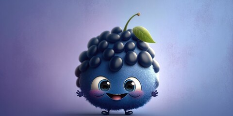 Wall Mural - Happy smiling blue blueberry face cartoon character, funny cute berry fruit sticker color personage icon isolated on purple background, healthy organic vegan diet food. AI generative.