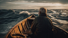 Handsome Senior Man Sitting In A Boat On The Sea At Sunset