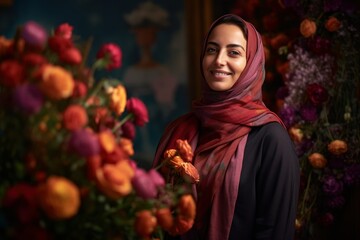 Portrait of a beautiful young muslim woman with a bouquet of flowers