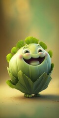 Wall Mural - Happy smiling green cabbage face cartoon character, funny cute vegetable sticker color personage icon isolated on green background, healthy organic vegan diet food. AI generative.