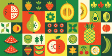 Geometric Fruit Mosaic. Healthy Diet, Fresh Juicy Fruits And Berries. Natural Grocery Food Products Grid Tiles Vector Background Illustration
