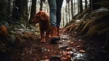 Young Woman Walking With Her Dog In The Forest. Hiking In The Woods.