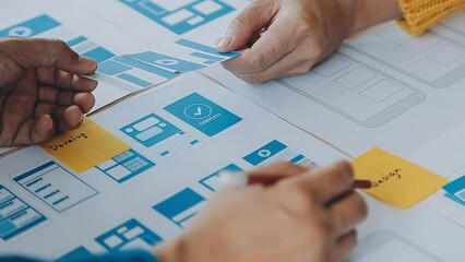 Website designer Creative planning application development draft sketch drawing template layout framework wireframe design studio . User experience concept .