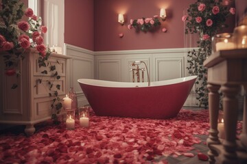 Valentine's themed bathroom with flowers and bathtub. Generative AI