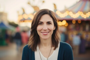 Sticker - Lifestyle portrait photography of a satisfied woman in her 30s wearing a chic cardigan against an amusement park or theme park background. Generative AI