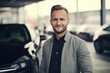 © Robert MEYNER - Handsome young man standing in a car dealership and smiling.
