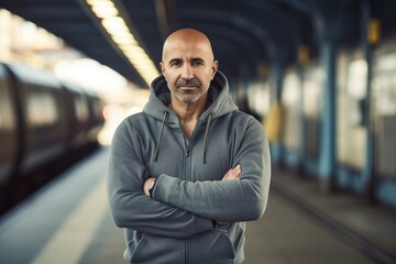 Canvas Print - Environmental portrait photography of a pleased man in his 40s wearing a comfortable tracksuit against a train station or transportation background. Generative AI