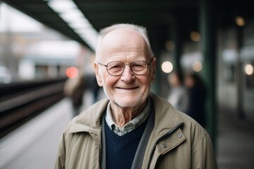 Wall Mural - Portrait of an elderly man on the platform of a train station