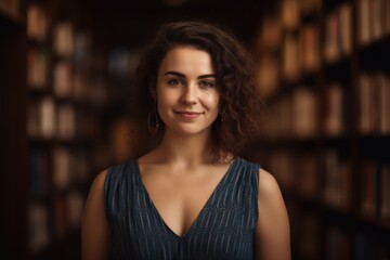Group portrait photography of a satisfied woman in her 30s wearing a trendy jumpsuit against a library or bookshelf background. Generative AI