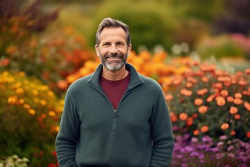 Poster - Medium shot portrait photography of a pleased man in his 40s wearing a cozy sweater against a colorful flower garden background. Generative AI