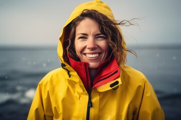 Poster - Portrait of a beautiful young woman in a raincoat on the seashore