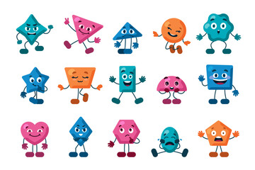 shapes with eyes. geometric figures cartoon characters in different poses. Vector mascot collection