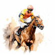 Colorful cartoon horse and jockey racing on a blank canvas, generative Ai