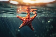 A Starfish May Be Seen Swimming In The Water Of The Ocean. Generative AI