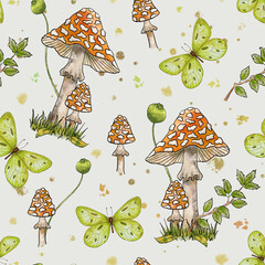 Watercolor seamless mushroom pattern. Illustration of mushrooms, amanita mushrooms, forest plants and a butterfly.