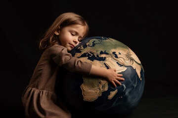 Wall Mural - A young child hugging a planet earth model. Protecting environment. Generative ai