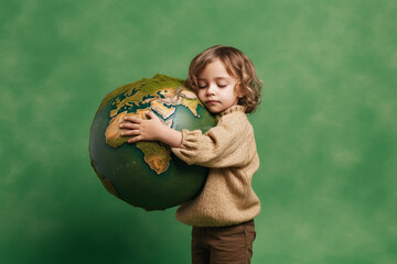 Wall Mural - A young child hugging a planet earth model. Protecting environment. Generative ai