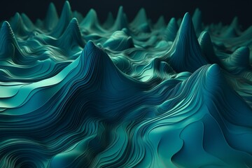 Blue & turquoise abstract 3D wallpaper of elegant, wavy forms. Generative AI