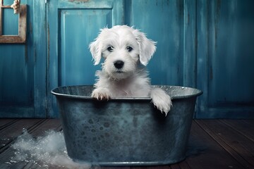 Wall Mural - a little white puppy that is seated inside of a metal tub. Generative AI