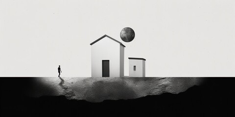 AI Generated. AI Generative. Surrealism lonely mood illustration with a lonely man person in urban city minimal decoration. Graphic Art