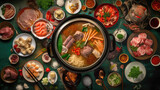 Fototapeta Dinusie - Chinese hot pot food, top view.