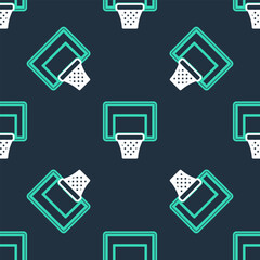 Sticker - Line Basketball ball and basket icon isolated seamless pattern on black background. Ball in basketball hoop. Vector