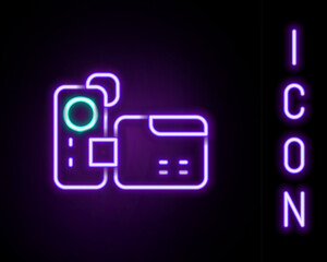 Wall Mural - Glowing neon line Cinema camera icon isolated on black background. Video camera. Movie sign. Film projector. Colorful outline concept. Vector