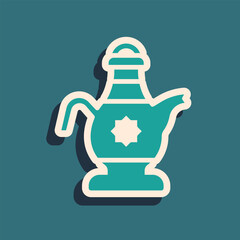 Poster - Green Islamic teapot icon isolated on green background. Long shadow style. Vector