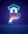 Retro style Shelter for homeless icon isolated futuristic landscape background. Emergency housing, temporary residence for people, bums and beggars without home. 80s fashion party. Vector