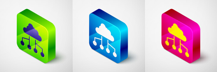 Wall Mural - Isometric Network cloud connection icon isolated on grey background. Social technology. Cloud computing concept. Square button. Vector