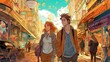 A travel scene of a couple exploring the streets of a foreign city. Fantasy concept , Illustration painting. Generative AI