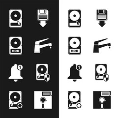 Poster - set water tap, hard disk drive hdd, , floppy backup, bell and protection icon. vector