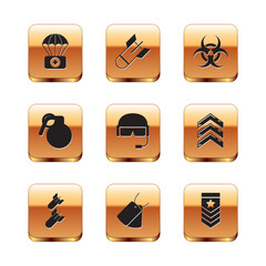 Sticker - Set Parachute with first aid kit, Aviation bomb, Military dog tags, helmet, Hand grenade, Biohazard symbol, Chevron and icon. Vector