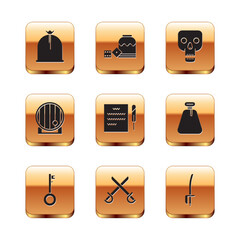 Wall Mural - Set Pirate sack, key, Crossed pirate swords, Feather pen and scroll, Wooden barrel, Skull, and game dice icon. Vector