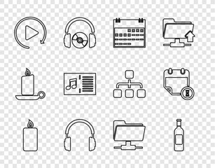 Poster - Set line Burning candle, Bottle of wine, Calendar, Headphones, Video play button, Music book with note, FTP folder and clock icon. Vector