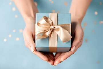 Female hands with natural manicure holding blue gift box with light golden ribbon on blue gold background 