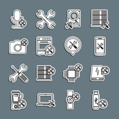 Sticker - Set line USB flash drive service, Power bank, Smartphone, Hard disk, Oven, Photo camera, Microphone and Location icon. Vector