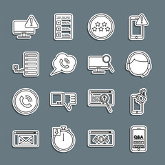 Poster - Set line Mobile Question and Exclamation, service, Man with headset, Five stars rating review, Speech bubble phone call, Server, Monitor exclamation mark and Computer monitor diagnostics icon. Vector