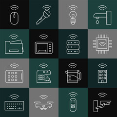 Poster - set line smart security camera, home with wireless, processor microcircuits cpu, light bulb, microwa