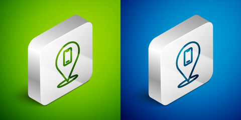 Sticker - Isometric line Phone repair service icon isolated on green and blue background. Adjusting, service, setting, maintenance, repair, fixing. Silver square button. Vector