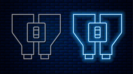 Poster - Glowing neon line Binoculars icon isolated on brick wall background. Find software sign. Spy equipment symbol. Vector